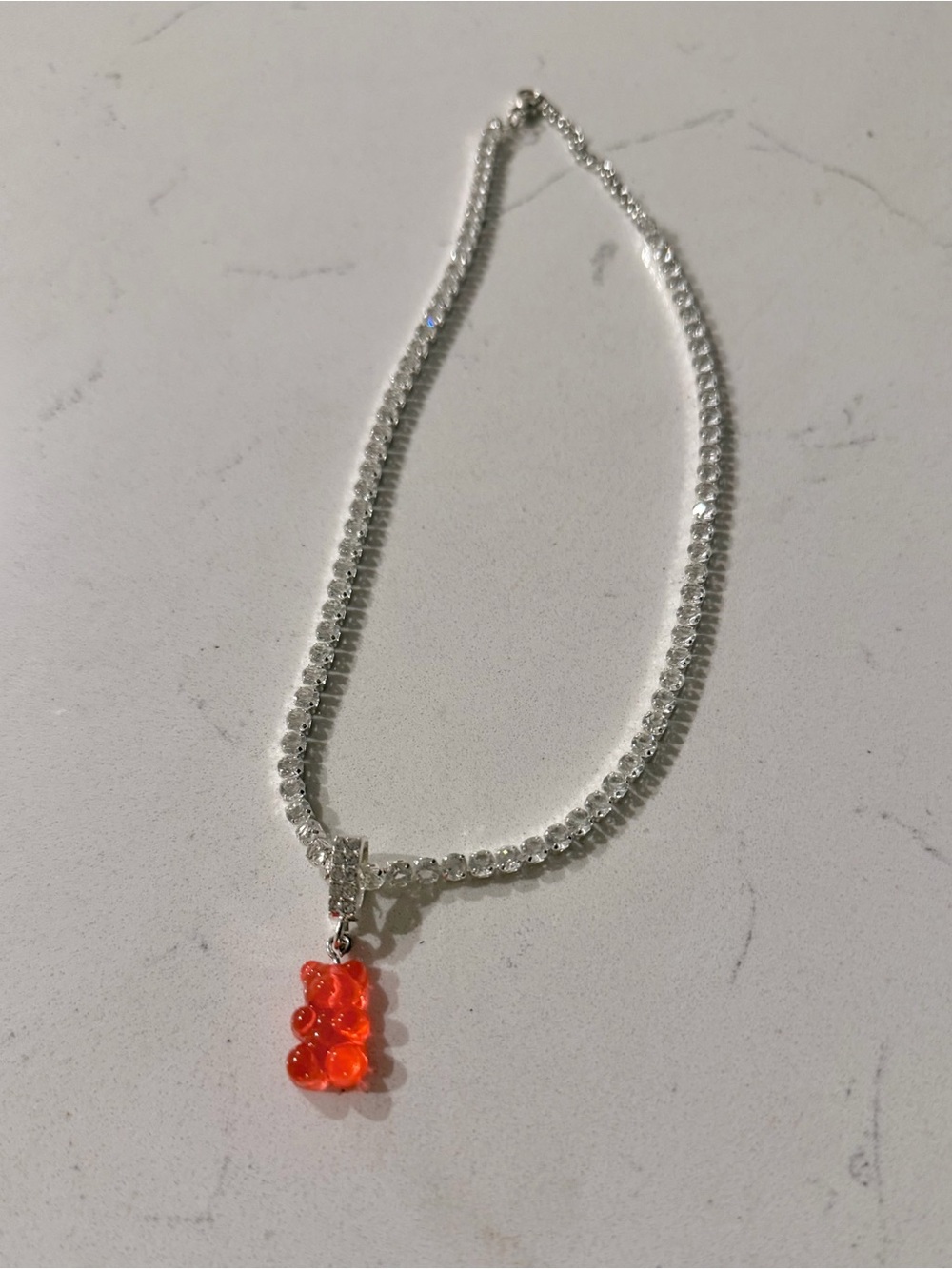 Crystal Tennis Necklace with Red Gummy Bear Pendant